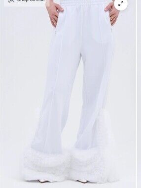 White Wide-Leg Faux Fur Trim Track Pants